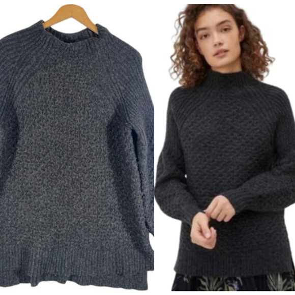 By Anthropologie Sweater Medium Chunky Gray Bia Mock Neck Oversized Fisherman - Picture 1 of 12
